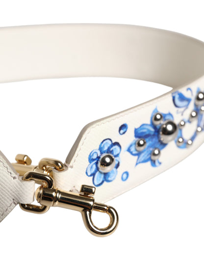 White Blue Floral Leather Stud Shoulder Strap