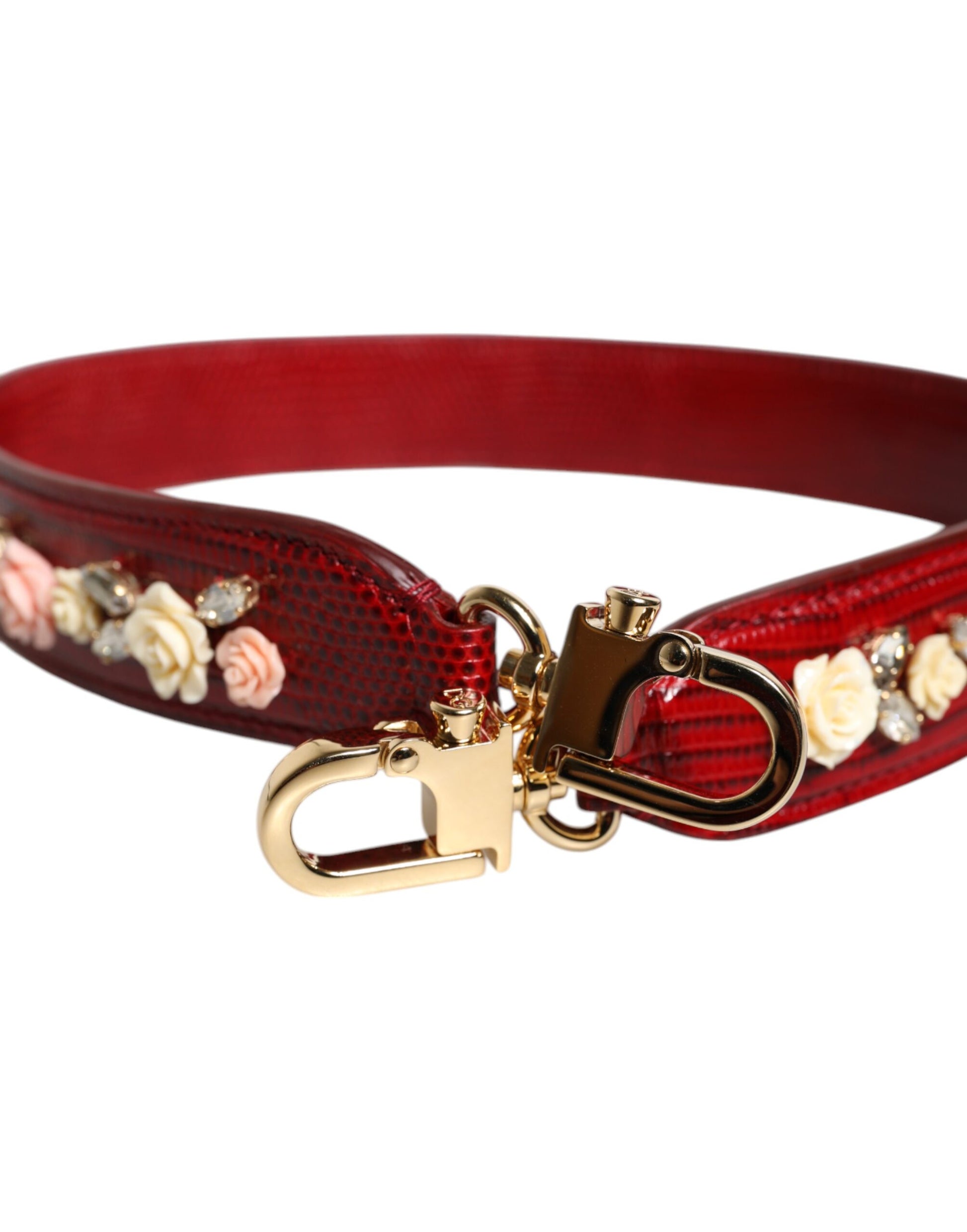 Red Leather Floral Embellish Bag Shoulder Strap