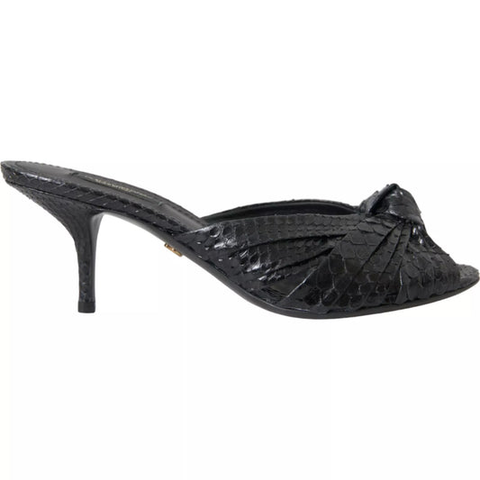 Black Python Leather Heels Slides Shoes