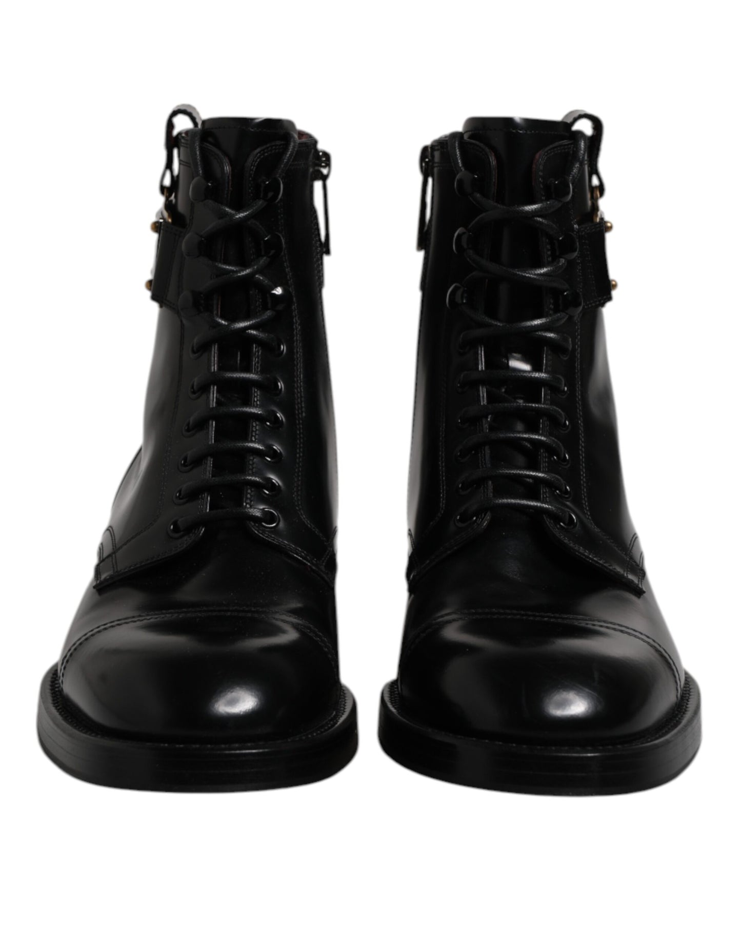 Black Leather Mid Calf Boots Lace Up Shoes
