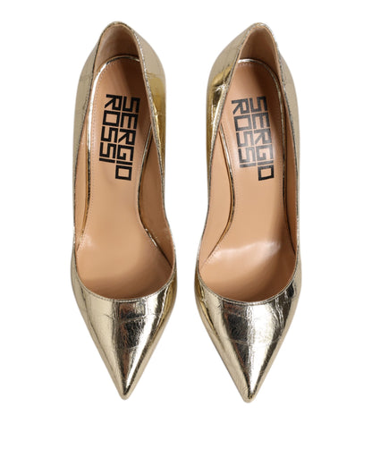 Gold Leather Pointed Toe Block Heels Shoes