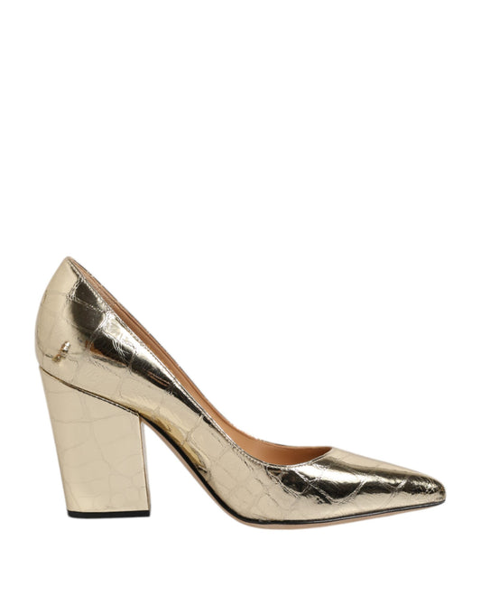 Gold Leather Pointed Toe Block Heels Shoes