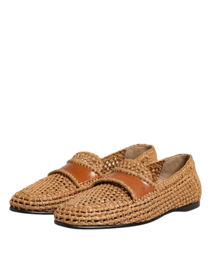 Brown Woven Raffia Slip On Loafers Shoes