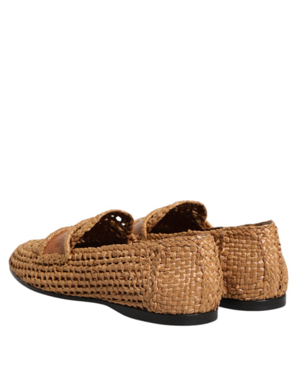 Brown Woven Raffia Slip On Loafers Shoes