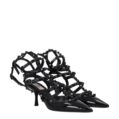 Black Leather Stiletto Heel Sandals