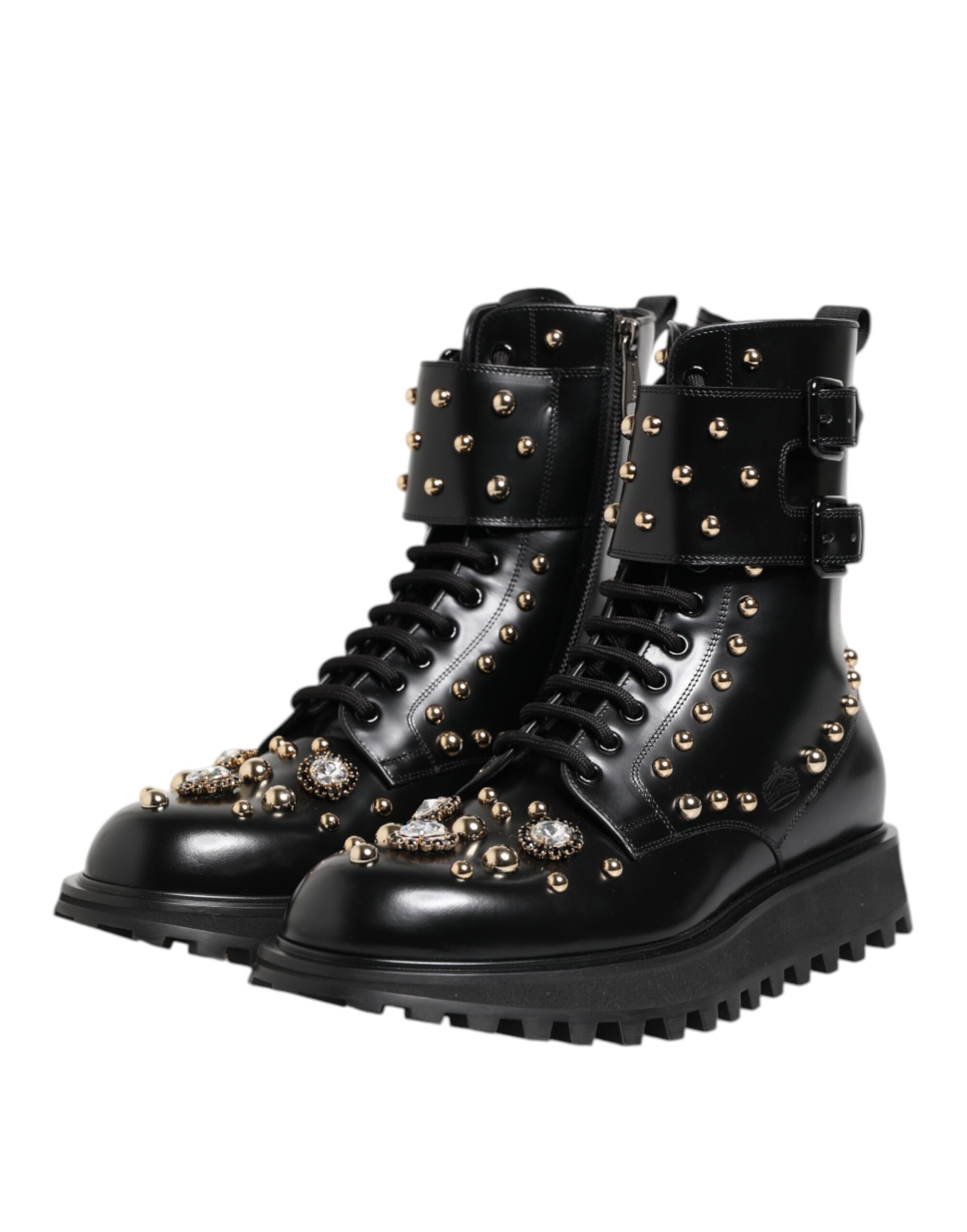Black Studded Lace Up Mid Calf Boots Shoes