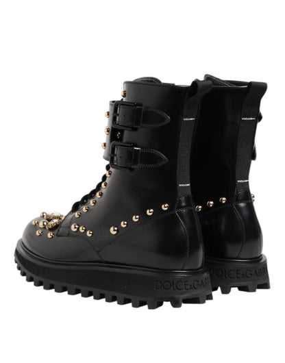 Black Studded Lace Up Mid Calf Boots Shoes