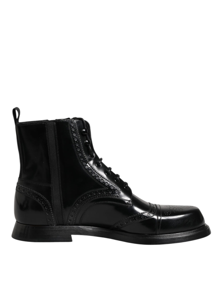 Black Leather Lace Up Mid Calf Boots Shoes