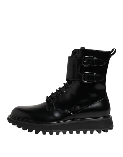 Black Leather Lace Up Mid Calf Boots Shoes