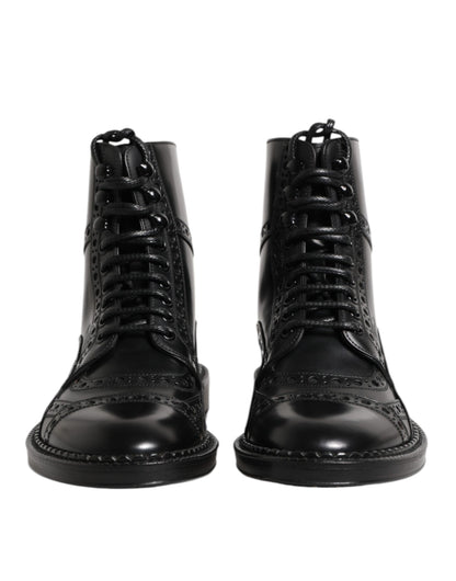 Black Leather Lace Up Mid Calf Boots Shoes