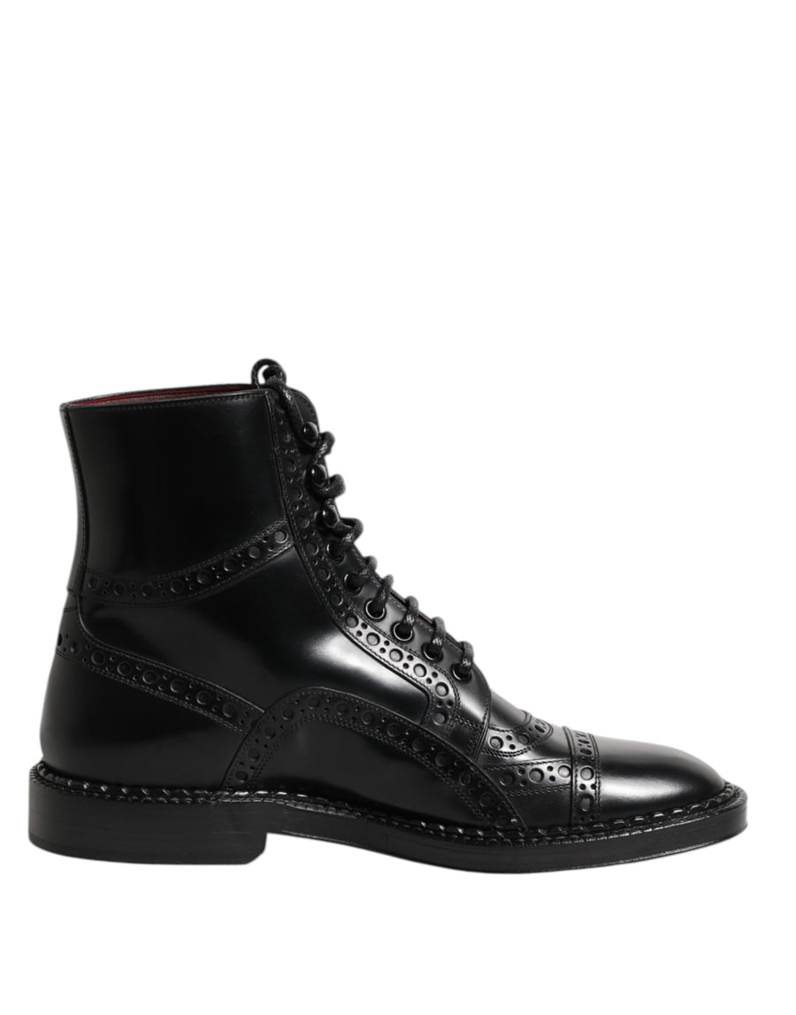 Black Leather Lace Up Mid Calf Boots Shoes