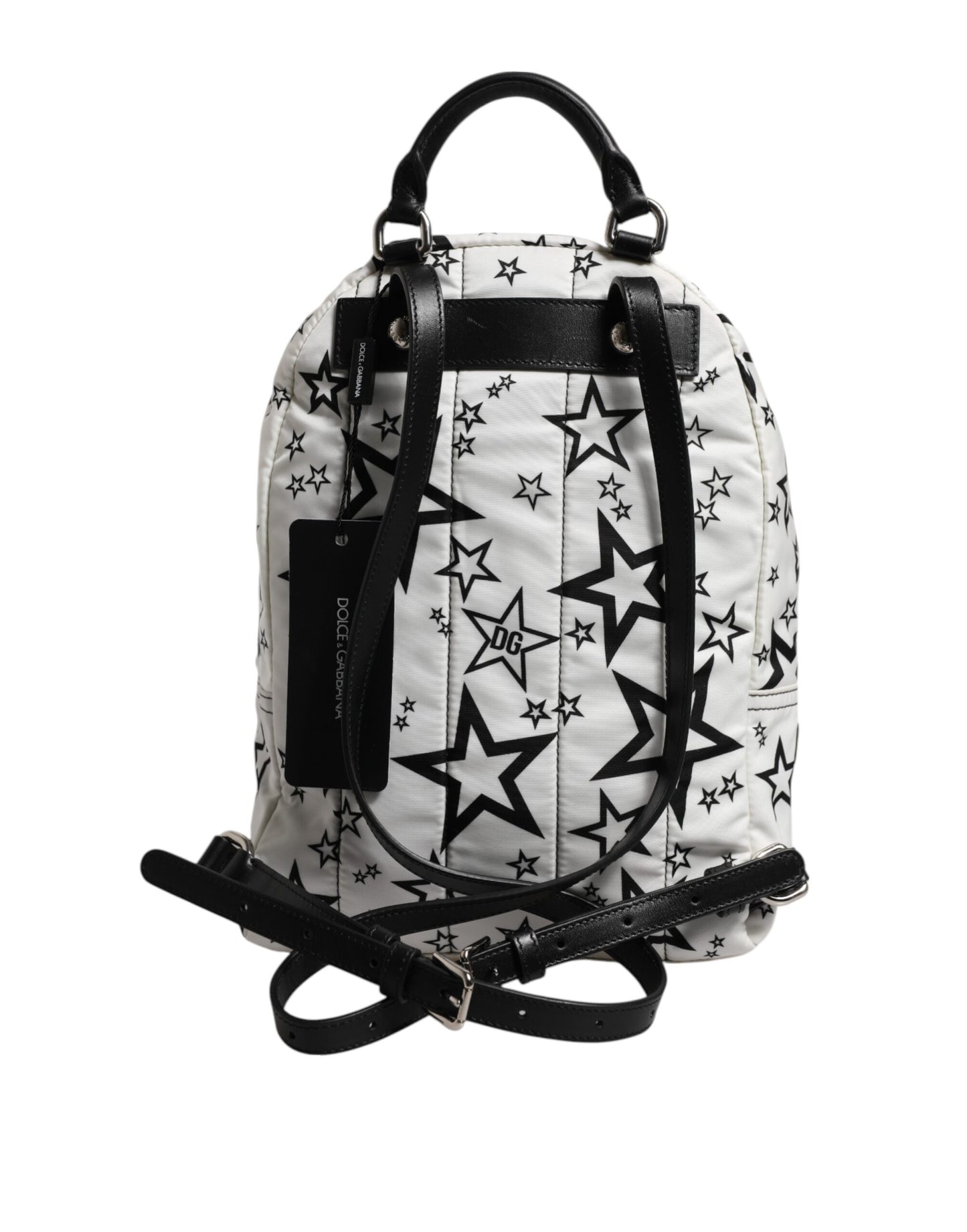 White DG Stars Print Nylon Travel Backpack Bag