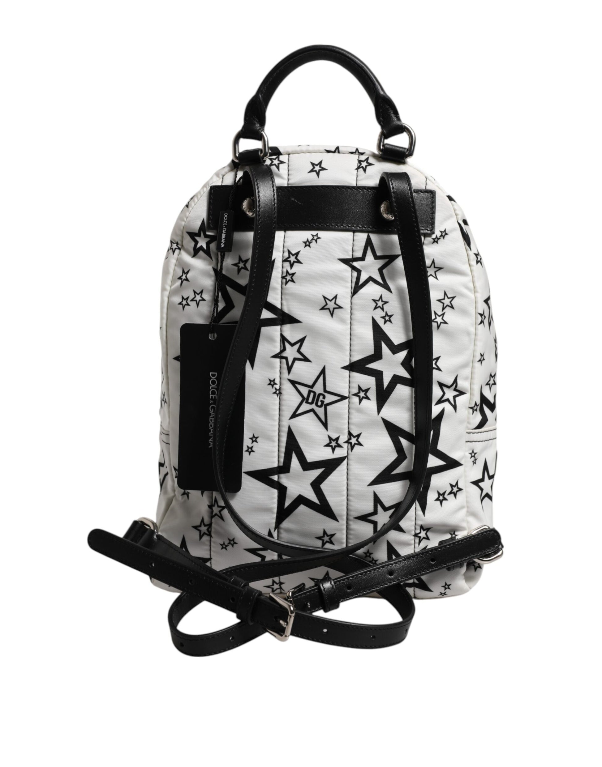 White DG Stars Print Nylon Travel Backpack Bag