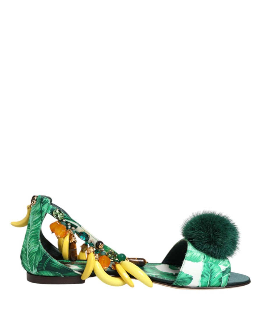 Green Mink Fur Satin Banana Leaf Sandals Shoes