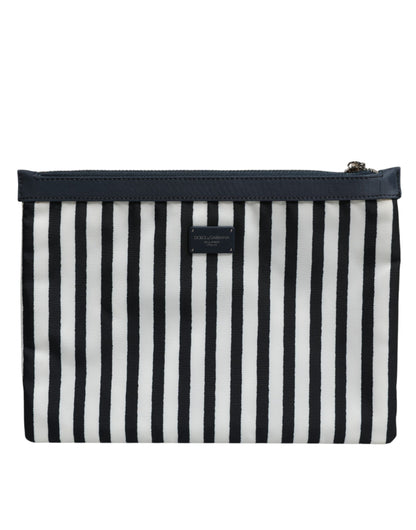Black White Striped Logo Plaque Clutch Pouch Bag