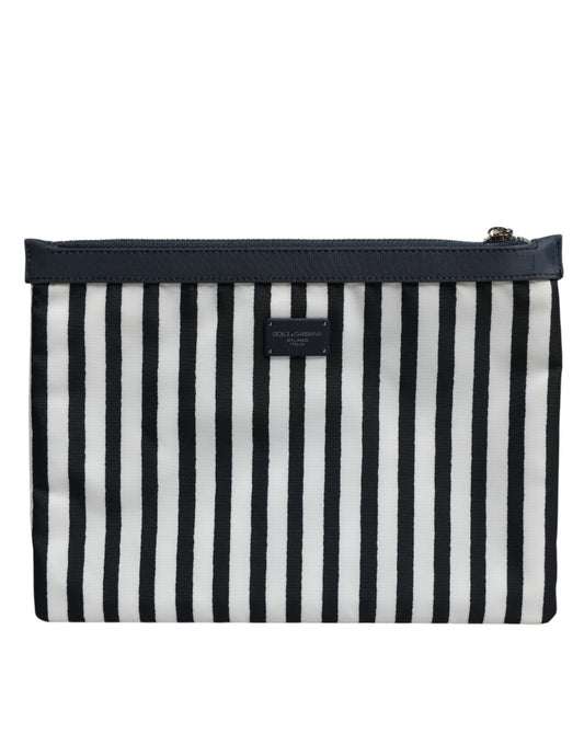 Black White Striped Logo Plaque Clutch Pouch Bag