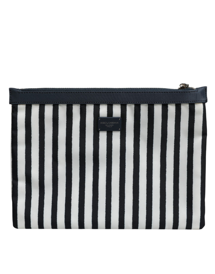 Black White Striped Logo Plaque Clutch Pouch Bag