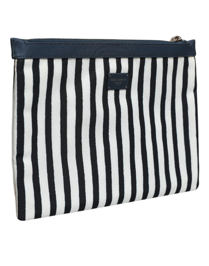Black White Striped Logo Plaque Clutch Pouch Bag