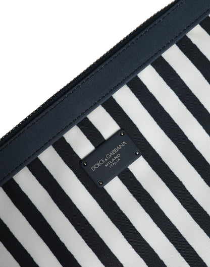 Black White Striped Logo Plaque Clutch Pouch Bag