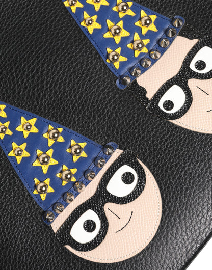Black Leather #DGFAMILY Embellished Men Clutch Pouch Bag