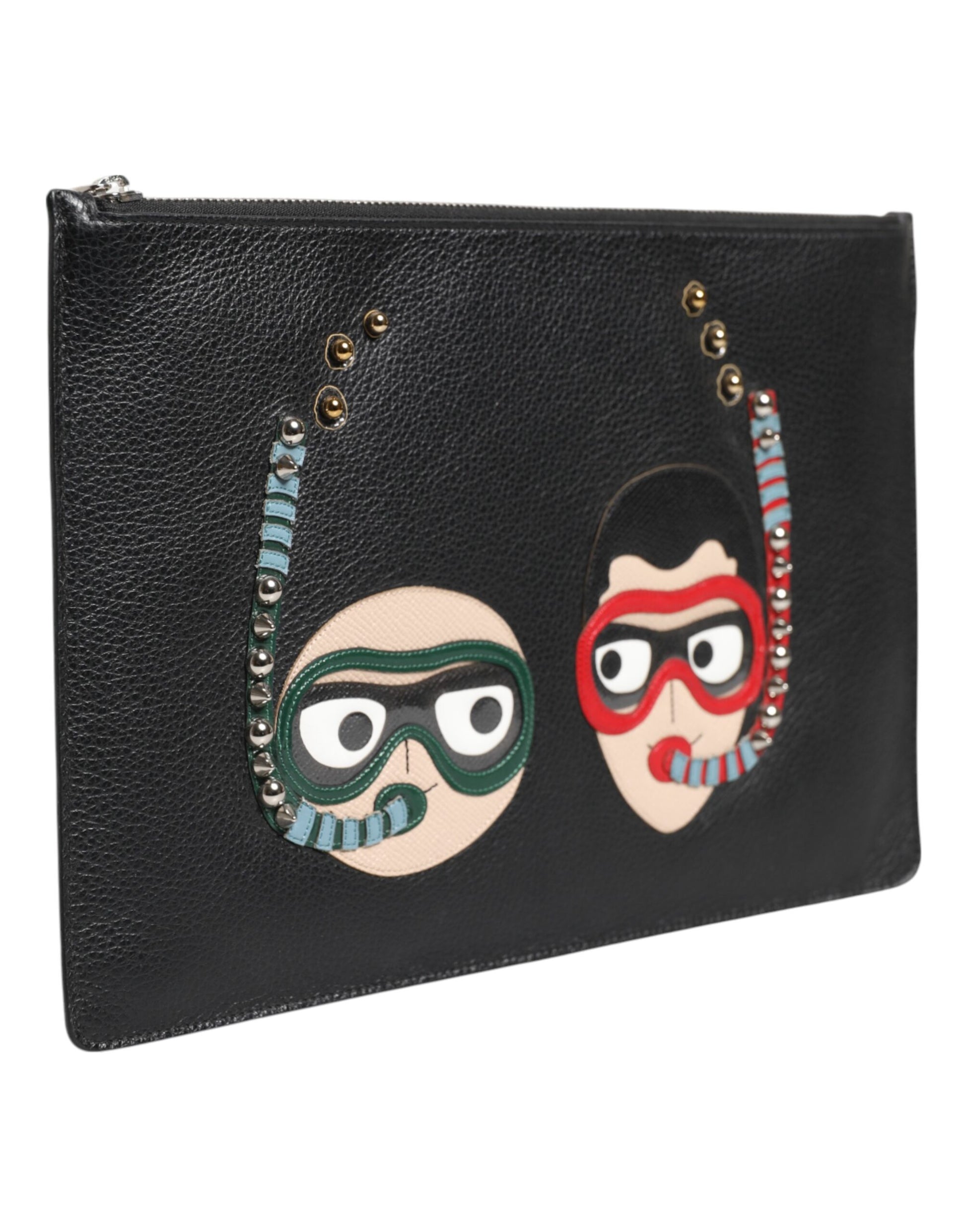 Black Leather #DGFAMILY Embellished Men Clutch Pouch Bag