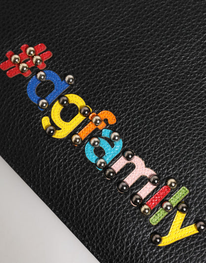 Black Leather #DGFAMILY Embellished Men Clutch Pouch Bag