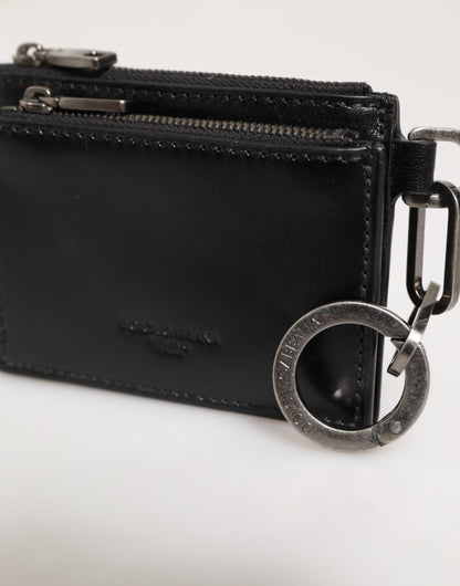 Black Leather Zipped Card Holder Coin Purse Keyring Wallet