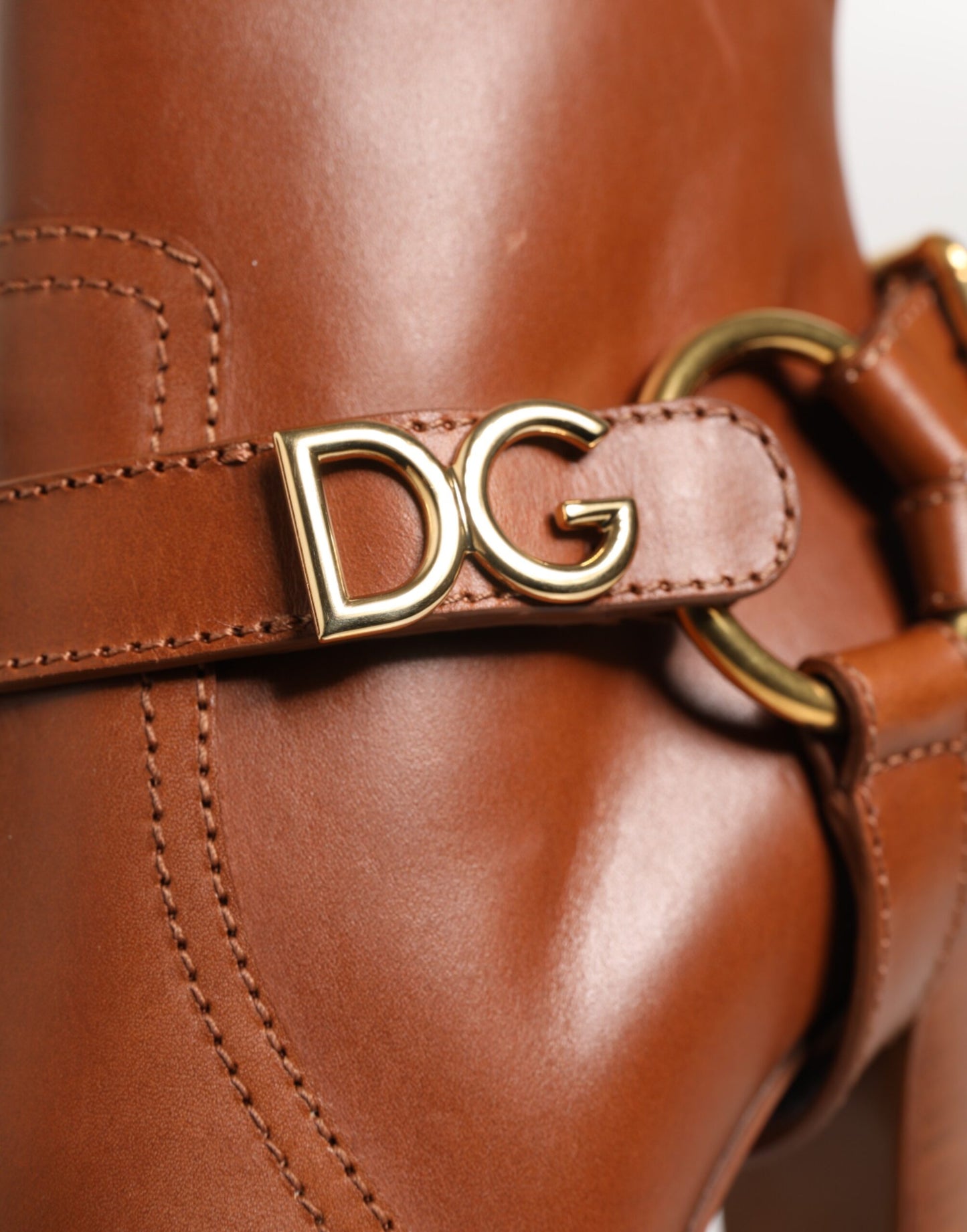 Brown Leather DG Logo Buckle Ankle Boots Shoes