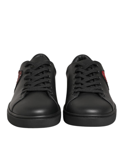 Black Leather Crystal Heart Sneakers  Shoes