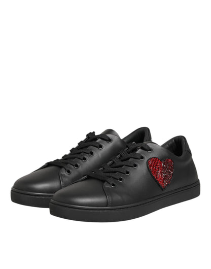 Black Leather Crystal Heart Sneakers  Shoes