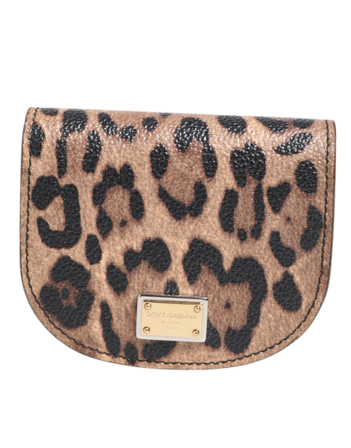Brown Black Calf Leather Leopard Print Logo Plaque Wallet