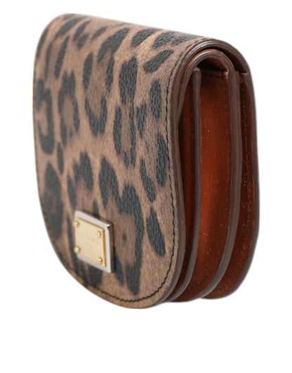 Brown Black Calf Leather Leopard Print Logo Plaque Wallet