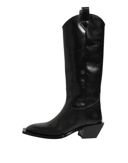 Black Leather Over The Calf Biker Boots Shoes