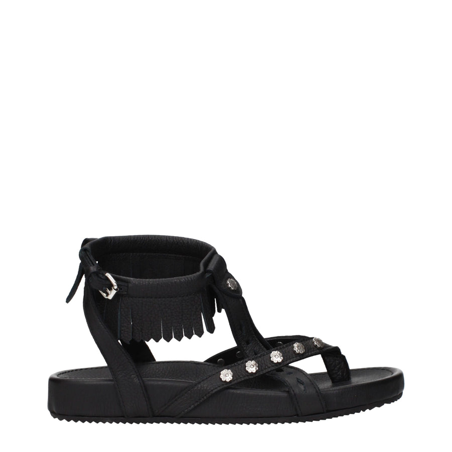 Black Leather Flat Sandals