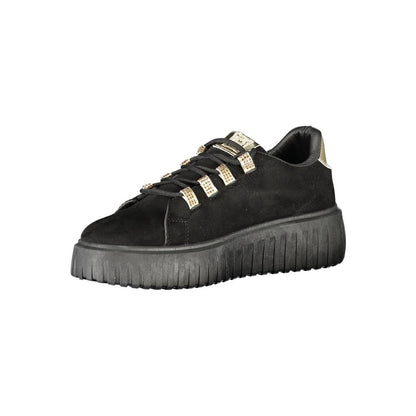 Black Polyester Women Sneaker with Gold Detail and Rhinestone Accents