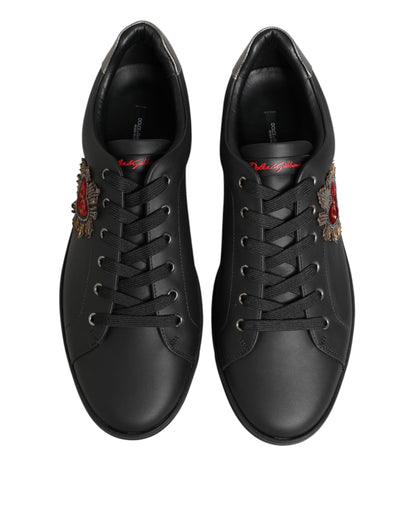 Black Leather Heart Embellished Sneakers Shoes